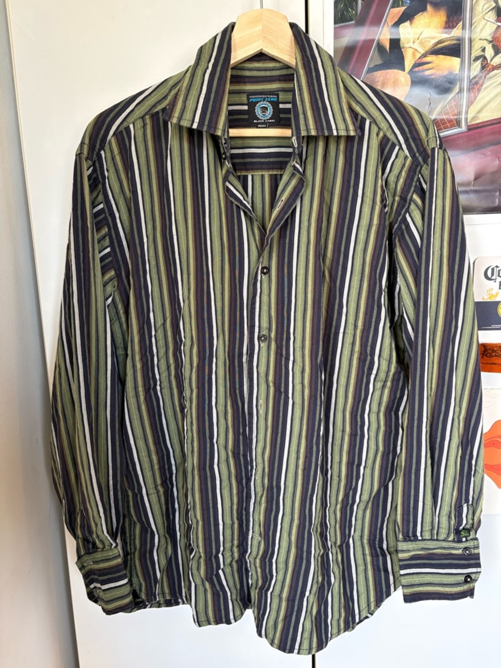 Point Zero Striped Button-Up in Olive, Black & Blue